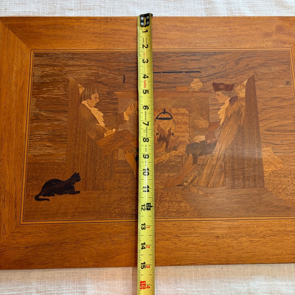 Vintage Wood Inlay Marquetry Art Colonial Tavern Scene Fireplace Cat 21x15 - Picture 5 of 9